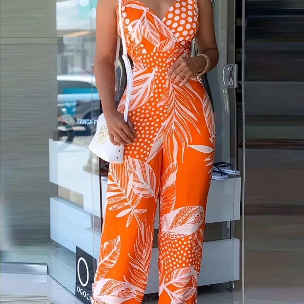 Tropical Orange Leaf Print Jumpsuit
